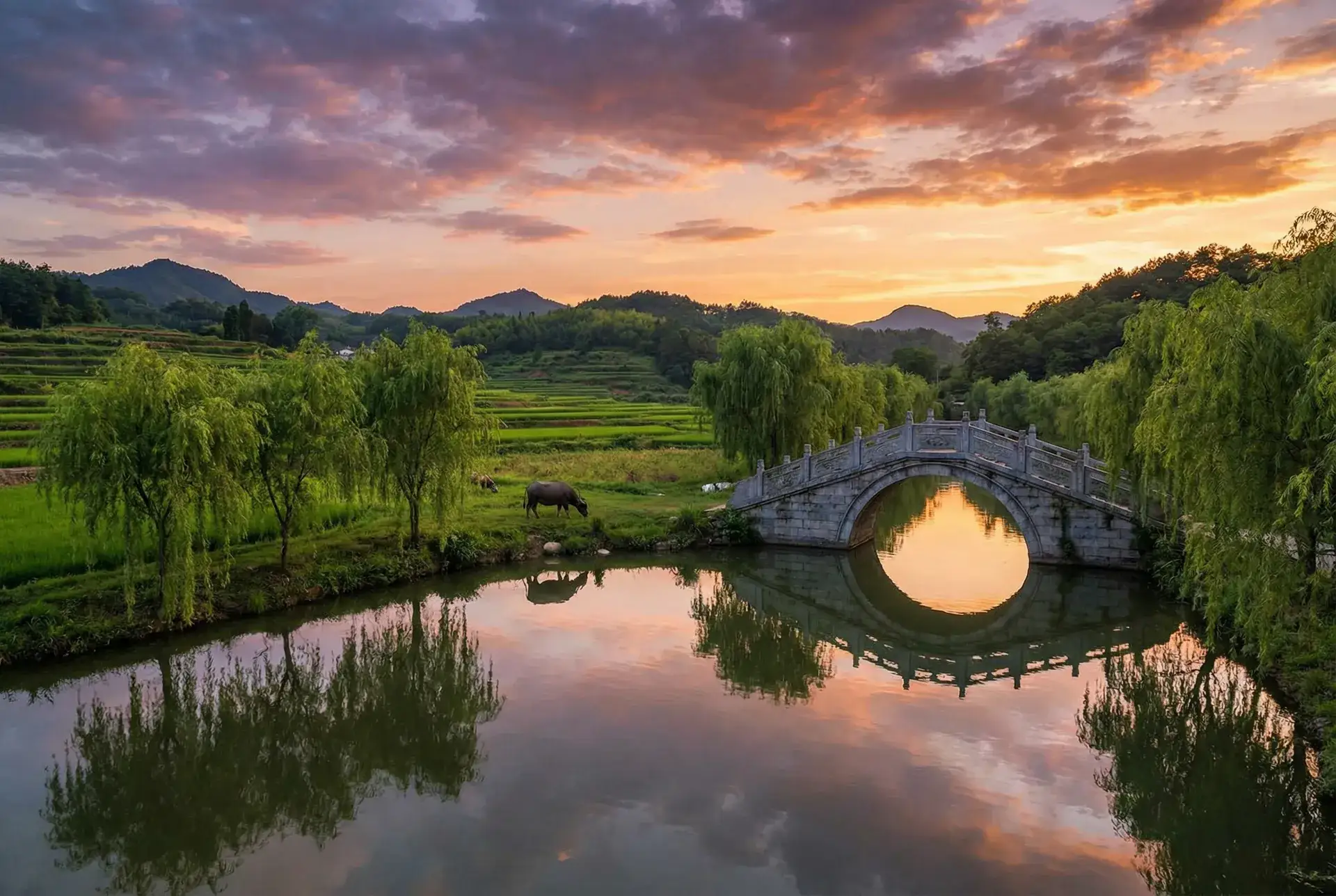 夕阳下的石拱桥与垂柳，水牛在河边吃草 - 放学后的故事 乡村美景